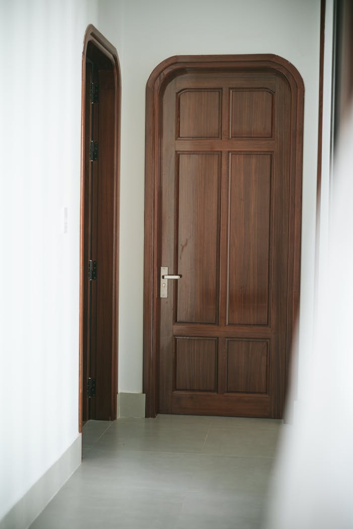 A sleek wooden door in a minimalist hallway, showcasing modern interior design.