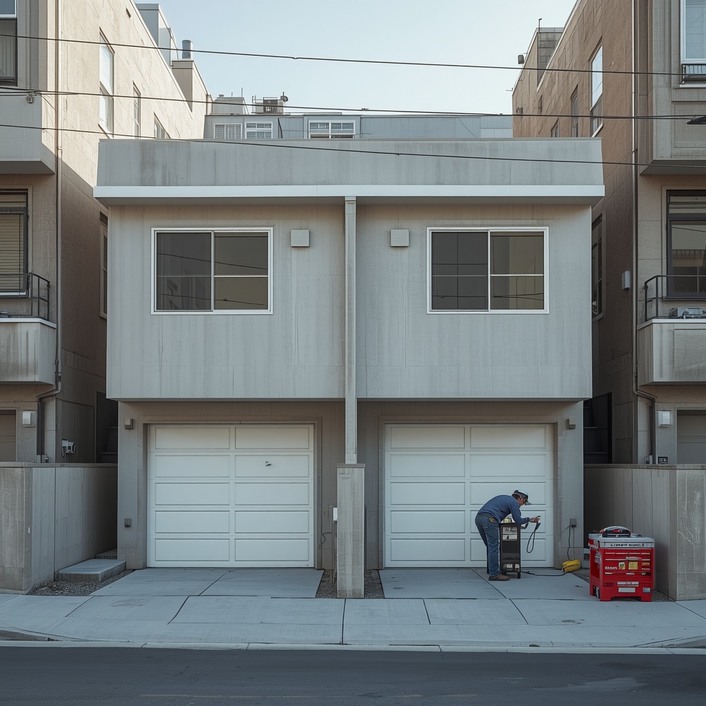 lucid origin a modern duplex in a dense urban neighborhood clean white garage doors a repair 0